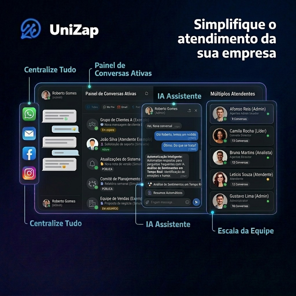 Tela do painel UniZap mostrando conversas, IA assistente e múltiplos atendentes